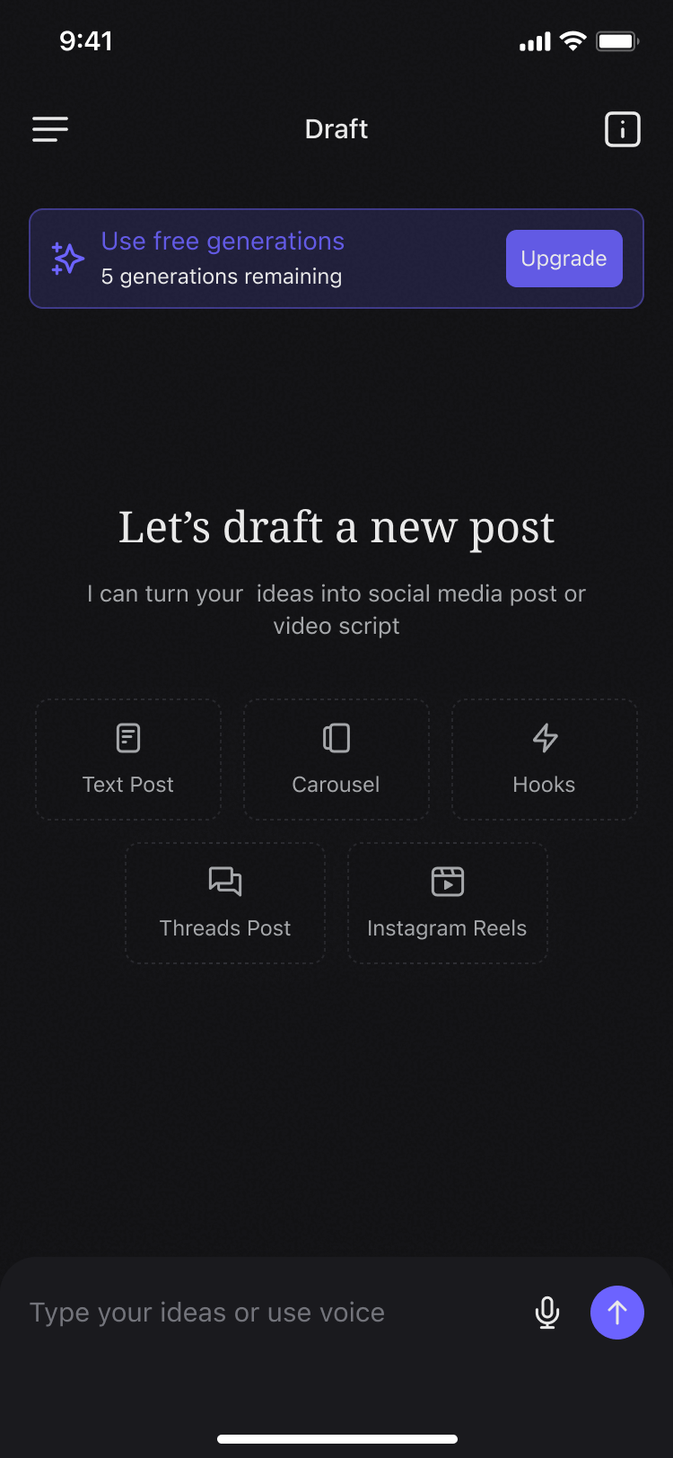 Posti AI app home screen showing AI-powered content generation interface